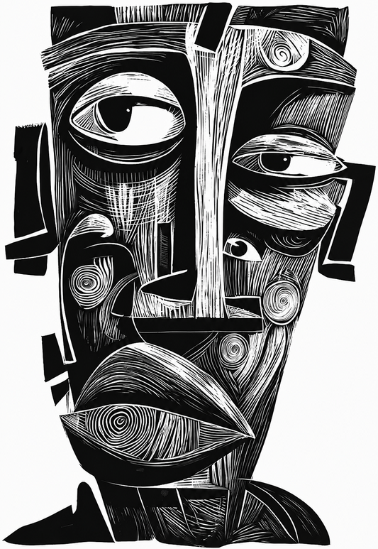 Mặt Nạ Ngàn Lớp — Tranh Canvas Line Art Đen Trắng Nghệ Thuật
