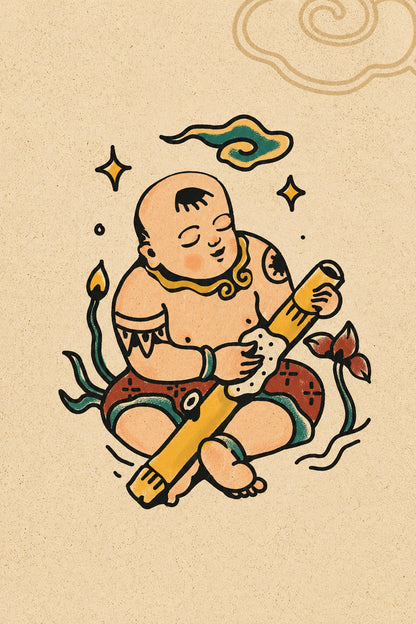 Tiểu Đồng Thổi Sáo — Tranh Canvas Vintage Á Đông May Mắn Phúc Lộc