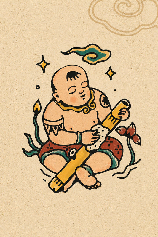 Tiểu Đồng Thổi Sáo — Tranh Canvas Vintage Á Đông May Mắn Phúc Lộc