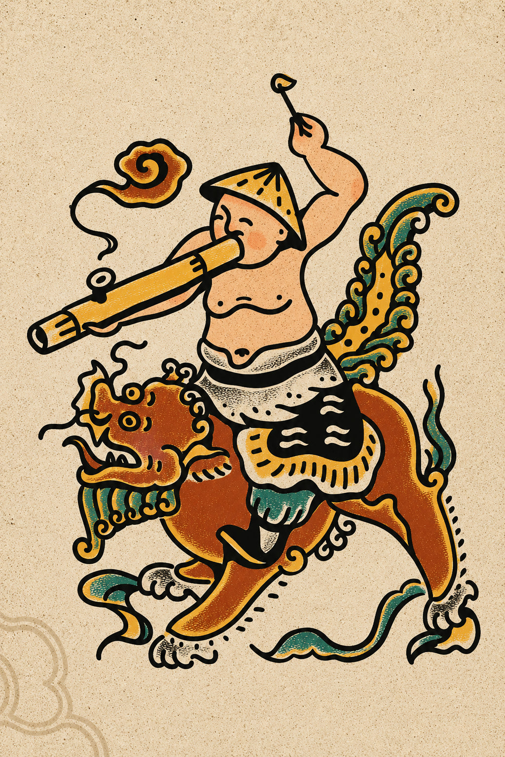 Dũng Sĩ Cưỡi Kỳ Lân — Tranh Canvas Vintage Á Đông Dũng Khí Phúc Lành