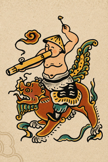 Dũng Sĩ Cưỡi Kỳ Lân — Tranh Canvas Vintage Á Đông Dũng Khí Phúc Lành