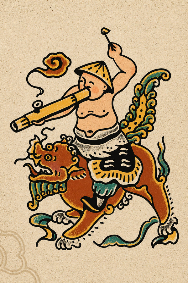 Dũng Sĩ Cưỡi Kỳ Lân — Tranh Canvas Vintage Á Đông Dũng Khí Phúc Lành