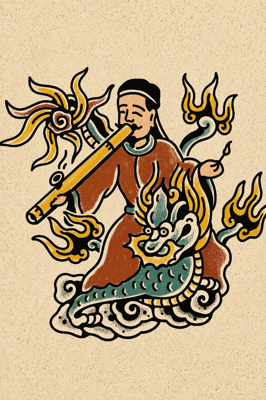 Tiên Ông Thổi Sáo — Tranh Canvas Vintage Dân Gian Phong Thủy May Mắn