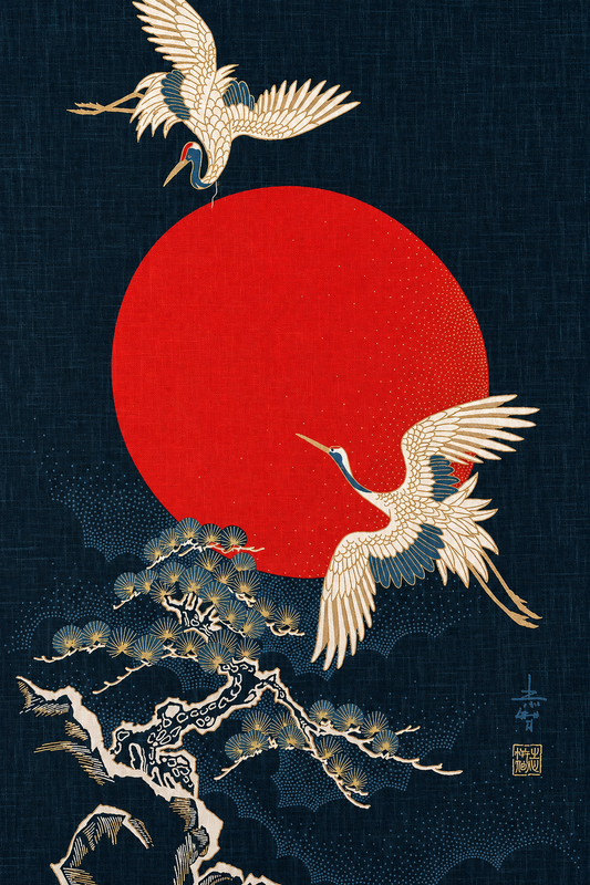 Hạc Trắng Vượt Trời Đỏ — Tranh Canvas Á Đông Japandi Sang Trọng