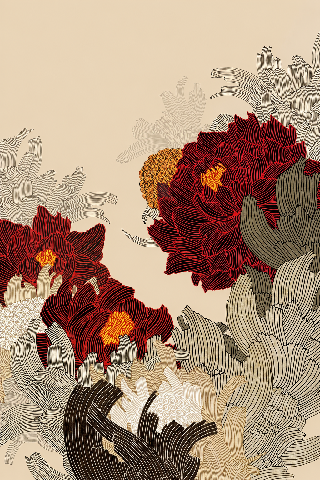 Mẫu Đơn Rực Lửa — Tranh Canvas Á Đông Japandi May Mắn Đỏ Son