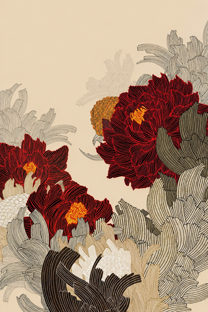 Mẫu Đơn Rực Lửa — Tranh Canvas Á Đông Japandi May Mắn Đỏ Son
