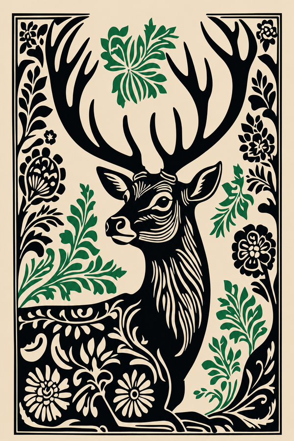 Hươu Rừng Cổ Tích — Tranh Canvas Vintage Xanh Lá Hoài Niệm