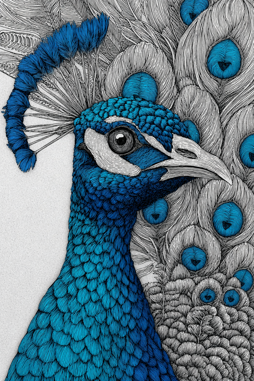 Kiêu Hãnh Công Xanh — Tranh Canvas Line Art Xanh Sang Trọng