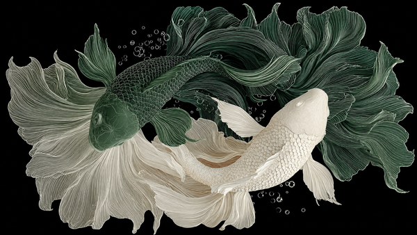 Âm Dương Hội Ngộ — Tranh Canvas Cá Koi Line Art Xanh Phong Thủy