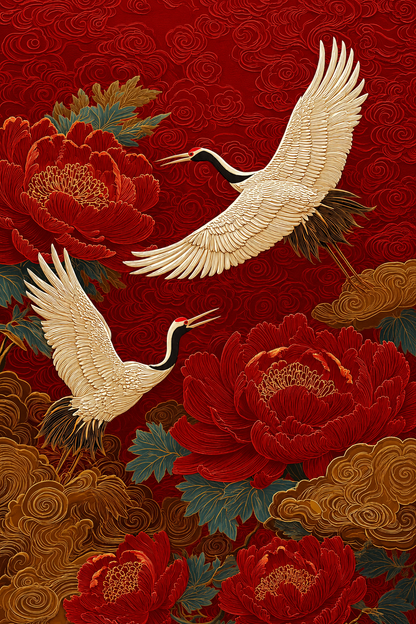 Hạc Vàng Bay Giữa Mẫu Đơn — Tranh Canvas Hạc Mẫu Đơn Nhật Đỏ Sang Trọng