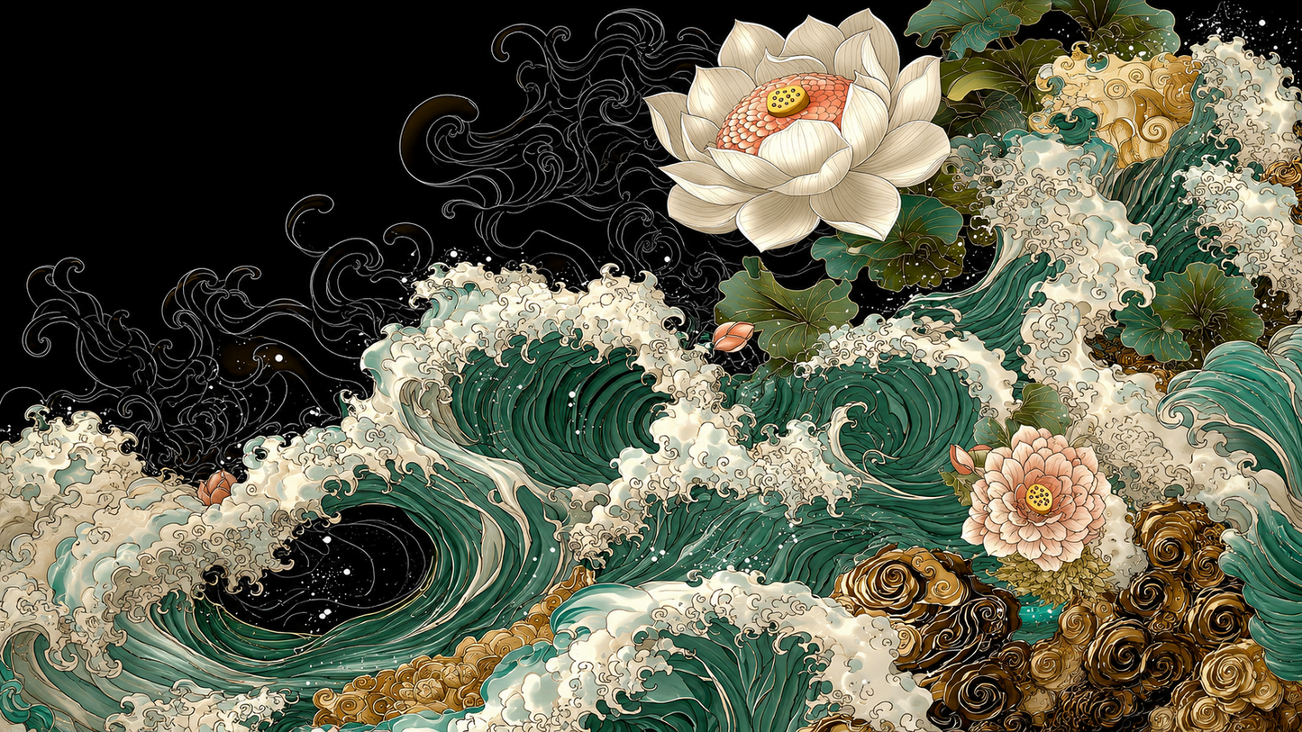 Sóng Xanh Nở Hoa Sen — Tranh Canvas Nhật Bản Sen Xanh Bình Yên