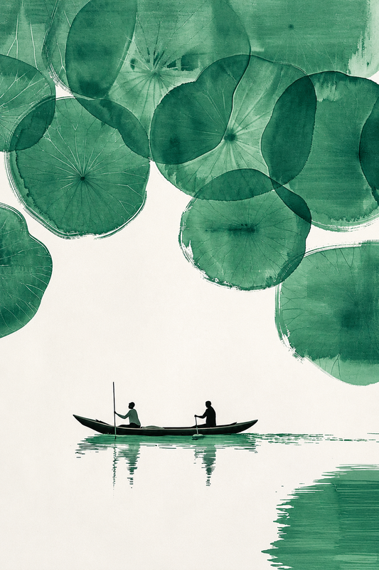 Chèo Thuyền Dưới Tán Sen — Tranh Canvas Sen Màu Nước Xanh Bình Yên