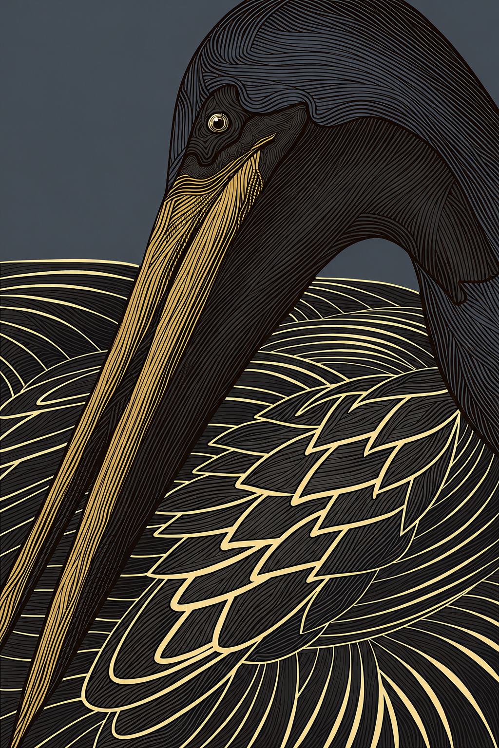 Bồ Nông Vàng Trầm Mặc — Tranh Canvas Chim Line Art Nâu Tĩnh Tại