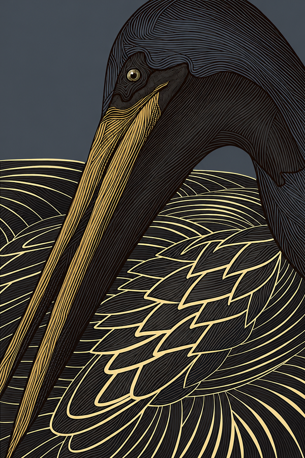 Bồ Nông Vàng Trầm Mặc — Tranh Canvas Chim Line Art Nâu Tĩnh Tại